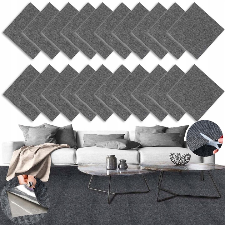 Set de 20 placi de mocheta autoadezive, gri inchis, 30x30cm, 4mm, pentru birouri si camere de zi