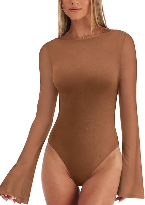 Body dama, REORIA, maneca clopot, plasa/poliester/elastan, vintage, Maro