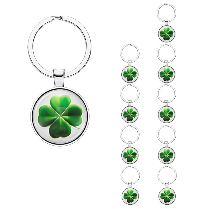 Set 10 Brelocuri Trifoi, MunDeir®, Otel inoxidabil, Sticla temperata, Verde