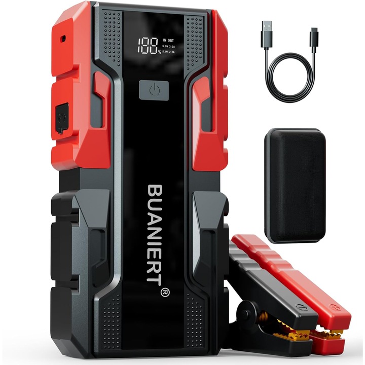 Starter auto Portabil BUANIERT®, Redresor Auto 2000A, 6L pe Benzina si 2L Diesel, 20000 mAh, 12V, 3 moduri de lumina LED, Display digital, Jump Starter Booster, Robot De Pornire Auto, Negru/Rosu