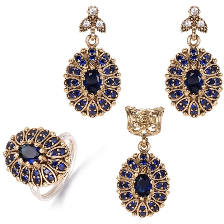 Set argint otoman forma ovala cu cubic zirconia albastre