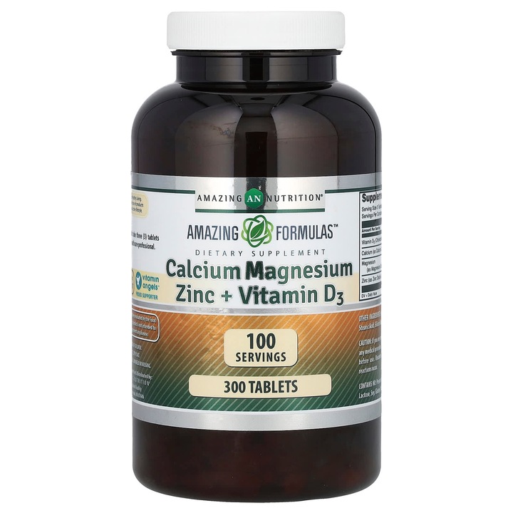 Vitamine, Amazing Nutrition, calciu, magneziu, zinc + vitamina D3, set 300 tablete
