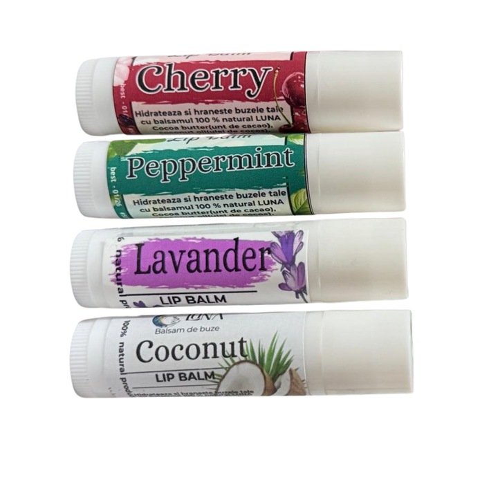 Set 4 balsamuri de buze, Luna spa, 100% natural, ulei de cocos și galbenele, nuanță naturală