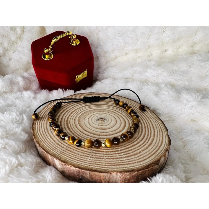 Bratara cu ochi de tigru si bile de aur 585 14k, BRPS29