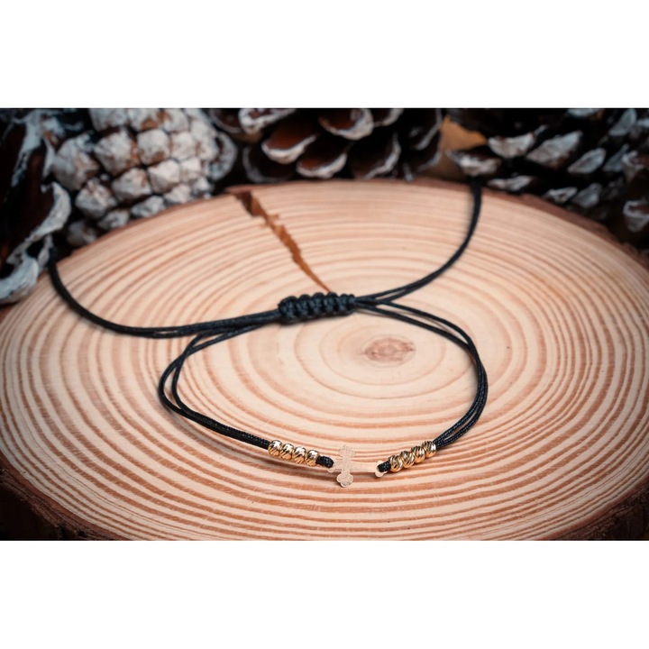 Bratara cu snur, link cruciulita si 8 bilute din aur 585 14k, BRSN37