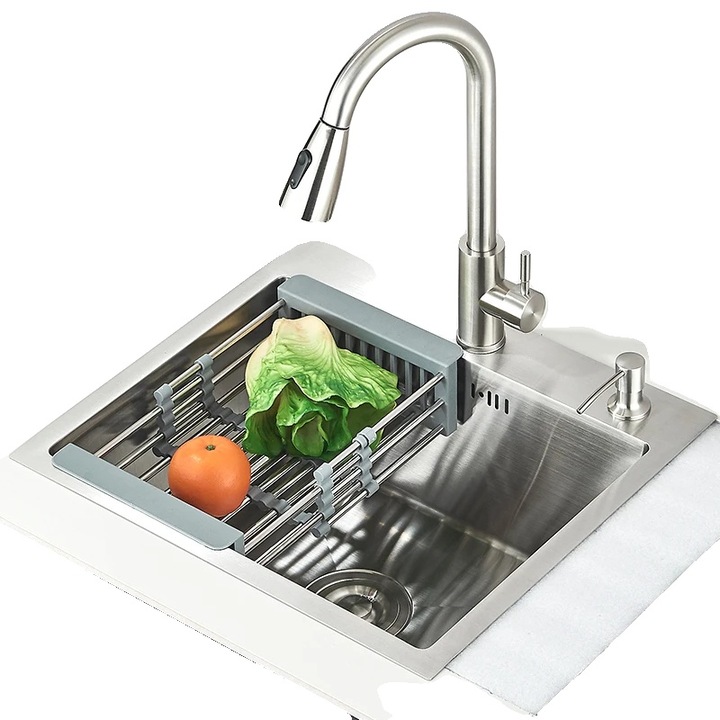 Chiuveta bucatarie, inox, robinet retractabil, finisaj periat, montare pe blatul de lucru