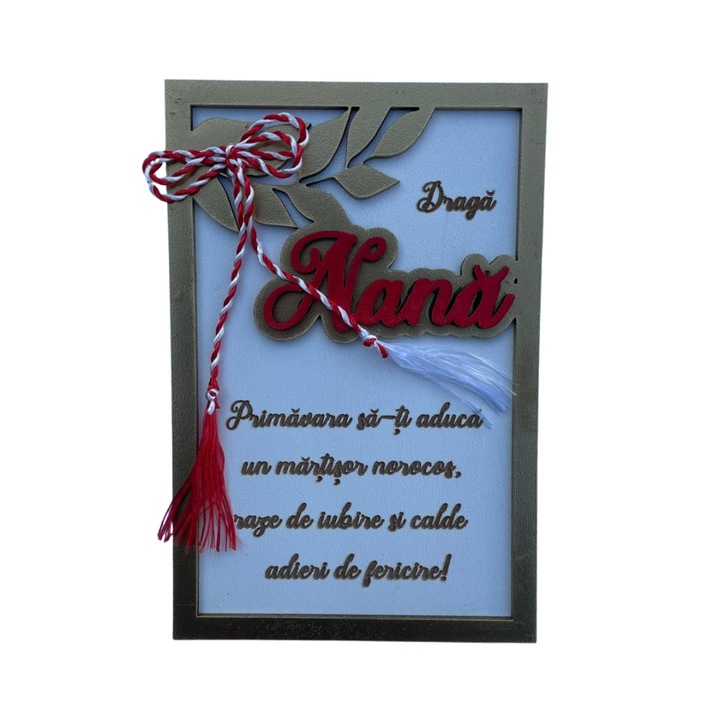 Plachetă decorativă Draga Nana, MDF, auriu/roșu, 10x15 cm, set cadou 1 Martie