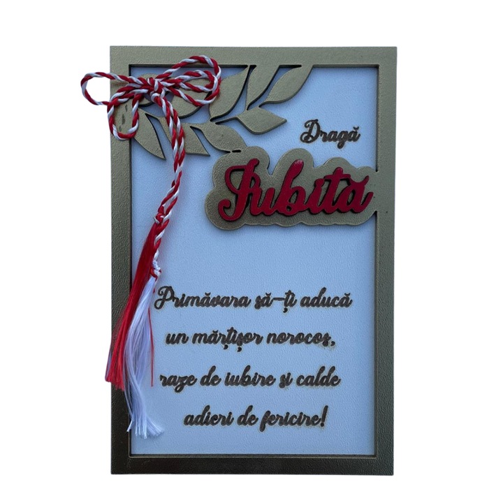 Plachetă decorativă Draga Iubita, MDF, Auriu/Rosuu, 10x15cm, cadou 1 Martie