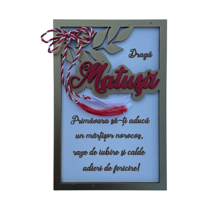 Placheta decorativă din MDF, Draga Matusa, Auriu/Rosu, 10x15 cm, cadou 1 Martie