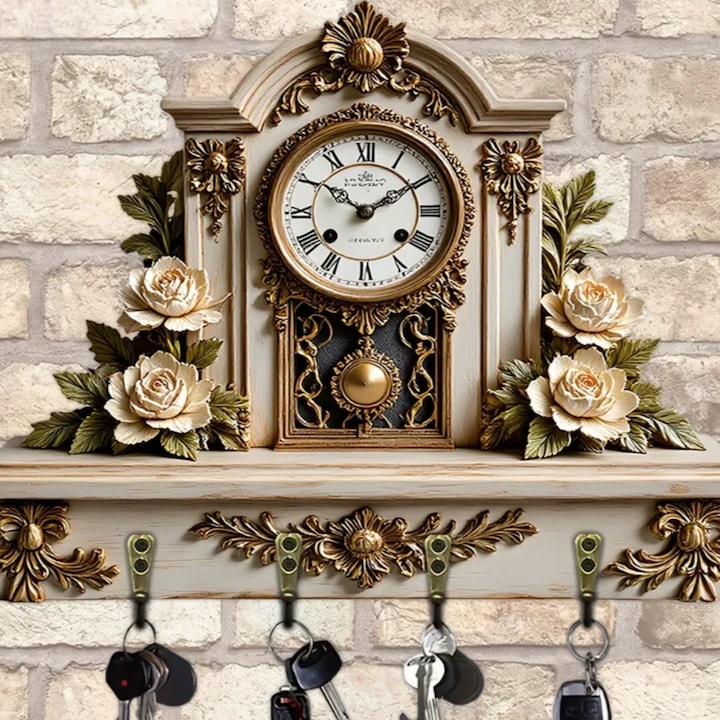 Ceas decorativ cu suport pentru chei, Vintage Rose, lemn natural, 27x20cm