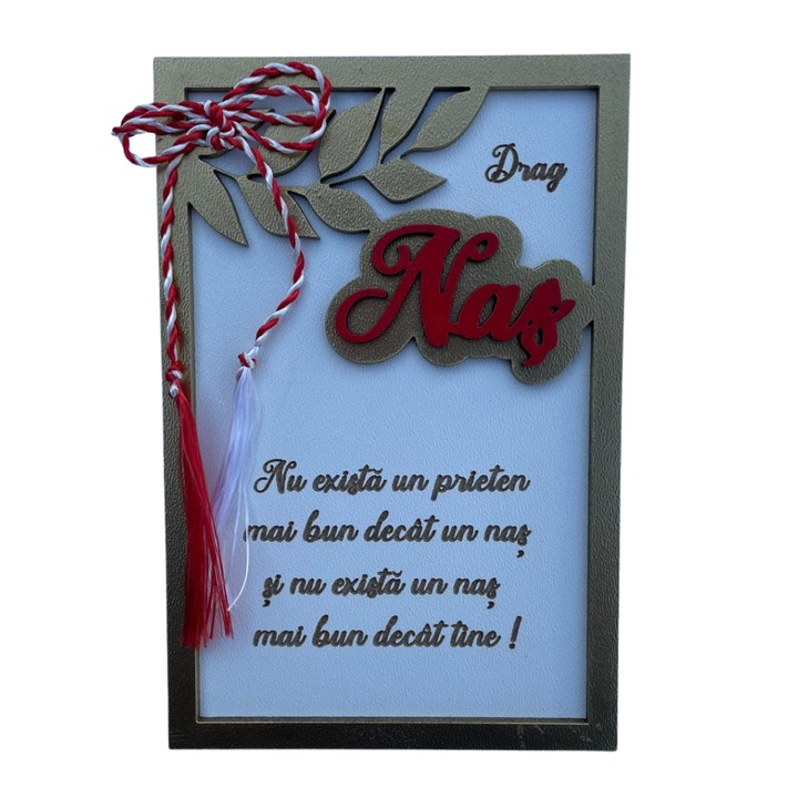 Placă decorativă cu picior, Drag Nas, MDF, Auriu/Rosu, 10x15 cm, cadou 1 Martie