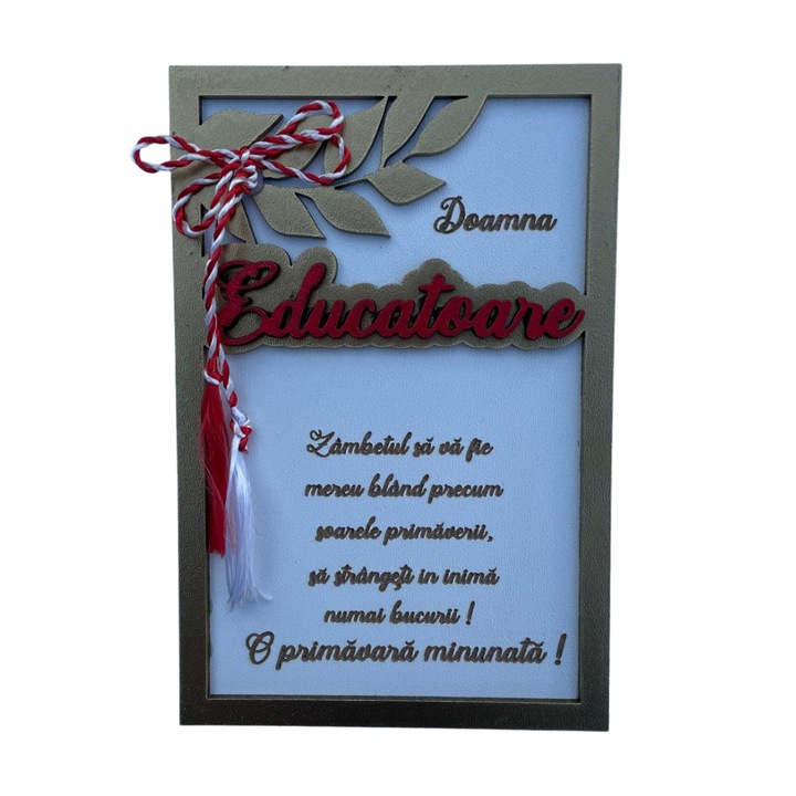 Plachetă decorativă cu suport, MDF, Auriu/Rosu, 10x15 cm, "Doamna Educatoare", cadou 1 Martie