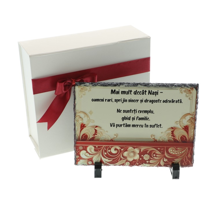 Placă din piatră naturală de ardezie, cadou personalizat pentru nași, 14x19cm, crem și visiniu