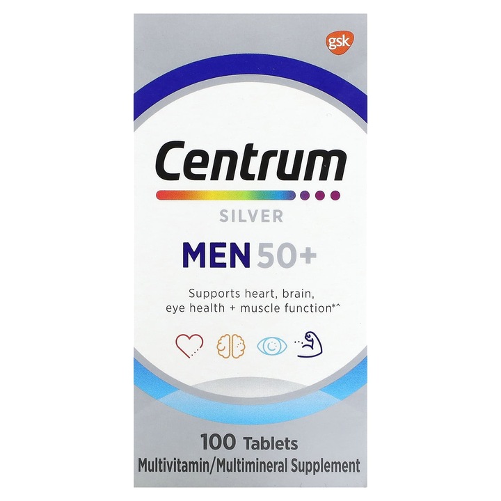 Centrum, Silver Men 50+, set 100 tablete, suport sanatate inima, creier, culoare argintie
