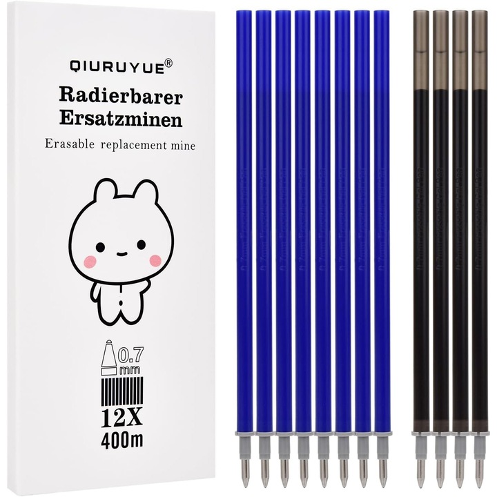 Set 12 Rezerve roller QIURUYUE, 8 Albastre + 4 Negre, 0, 7 mm, 13 cm