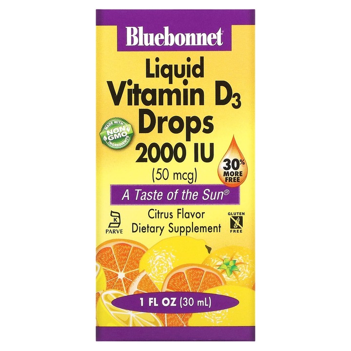 Vitamina D3 lichida, Bluebonnet, 2000 j.m., aroma citrice, 30 ml