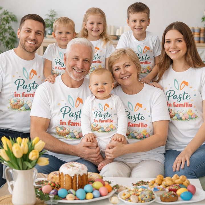 Set tricouri 116, si body Paste in familie, marimi pentru toata familia, bebelusi copii si adulti, ideale pentru sedinte foto, tinute asortate de Paste, cadou special de familie