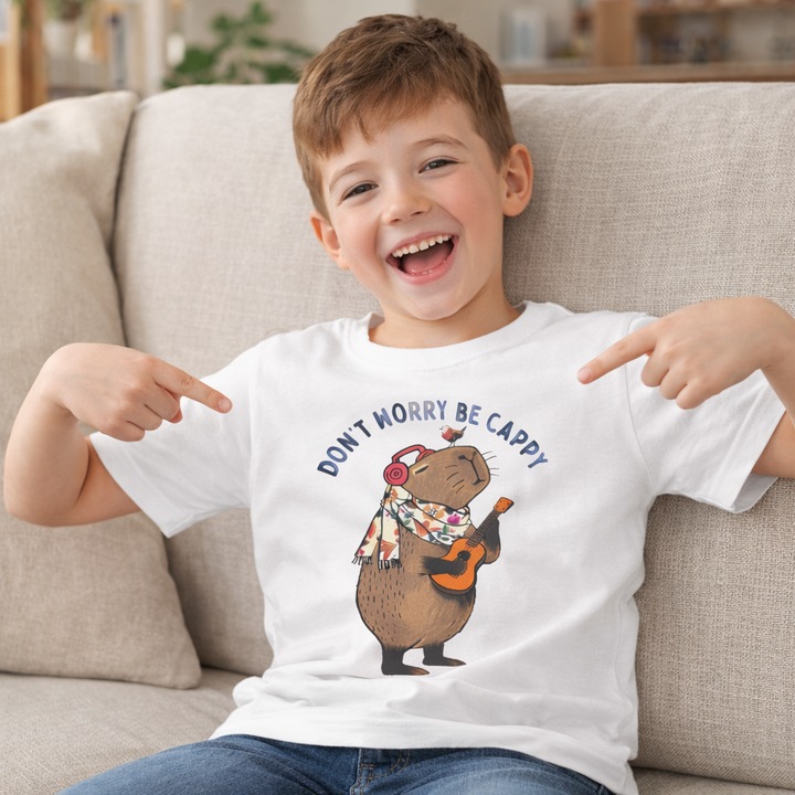 Tricou alb copii 134 cu imprimeu capybara „Dont worry be cappy”, tricou unisex pentru fete si baieti, design amuzant, potrivit pentru familie, scoala, vacanta si cadou