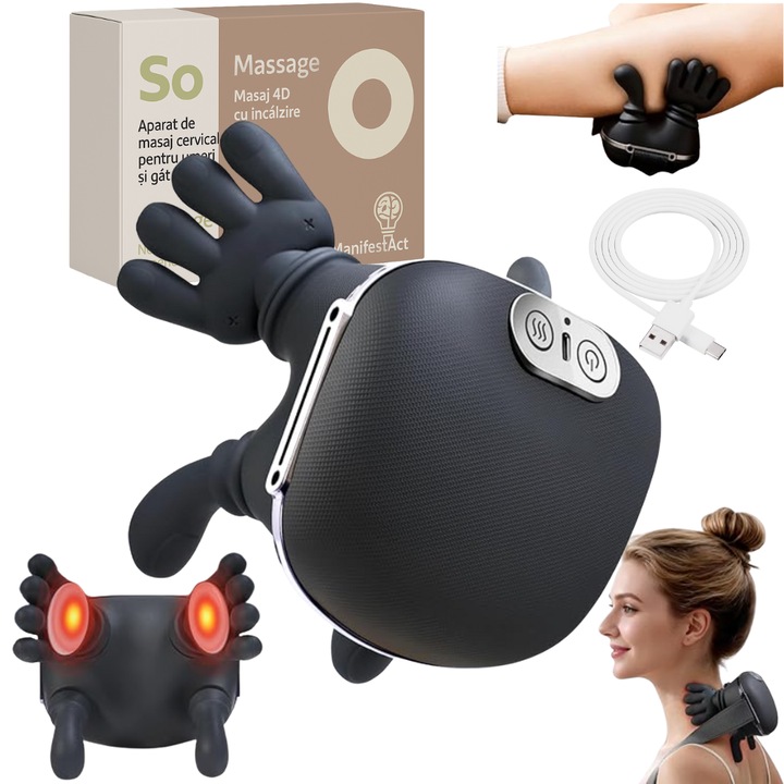 Aparat Masaj Cervical Multifunctional ManifestAct pentru Gat, Umeri, Spate, Brate si Gambe, 4D Shiatsu, 3 Intensitati cu 2 Trepte Caldura 40/45°C, Autonomie mare, Motor Silentios si Usor, Negru