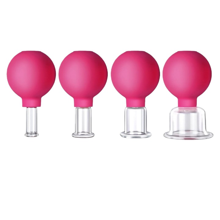Set 4 Ventuze Masaj Facial, Lunniquee, Sticla, Roz, 4 Dimensiuni