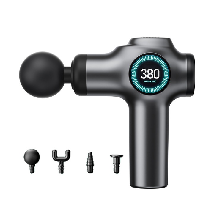 Aparat Masaj Profesional Pistol, Acumulator 1200mAh, 1200-3200 rpm, 99 trepte, 4 capete, Anti Celulita, Silentios, Negru