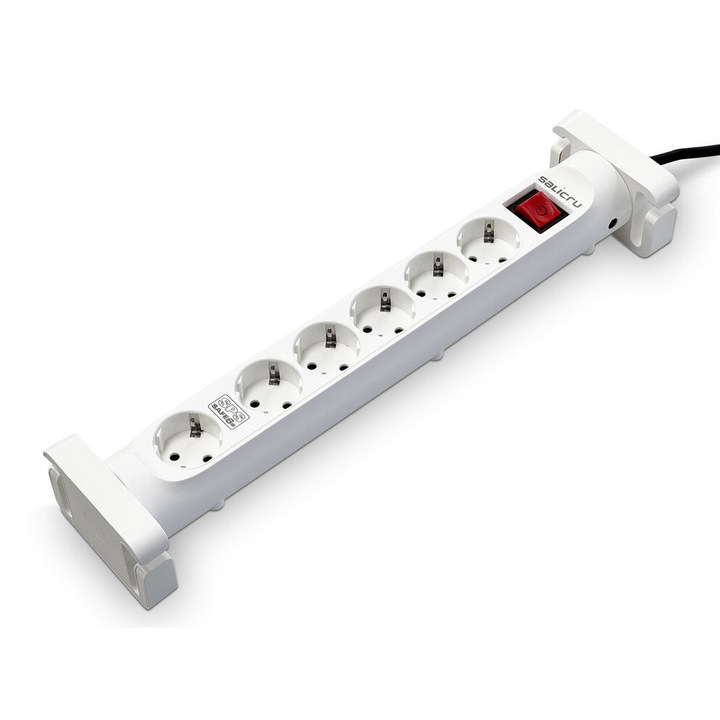 Въртящ се разклонител със защита Salicru SPS SAFE 6S с 6 шуко контакта, осветен ключ и органайзер за кабели, кабел 1.4м
