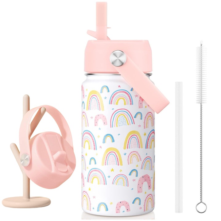 Bidon Sport pentru Copii, BYONDSELF, Functia Izolare Termica, Otel Inoxidabil, 360ml, cu Maner, Tema Curcubeului, Roz/Alb