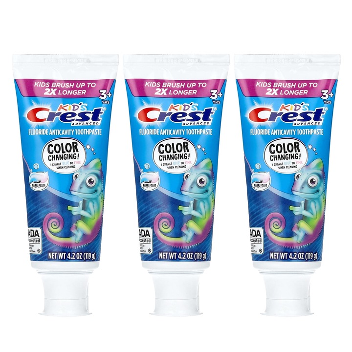 Pasta de dinti Crest Kids Advanced, 3+ ani, aroma guma de mestecat, set 3 pachete, 119 g