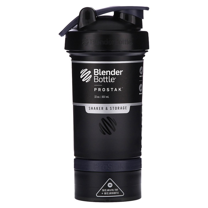 Blender Bottle ProStak, shaker és tároló, 651 ml, 2x 150 ml-es tartály, 1x 100 ml-es tartály, fekete