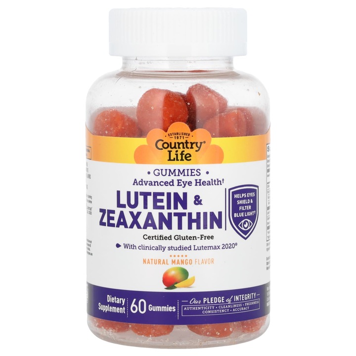 Jeleuri cu luteina si zeaxantina, Country Life, mango natural, 60 bucati, fara gluten, vegan