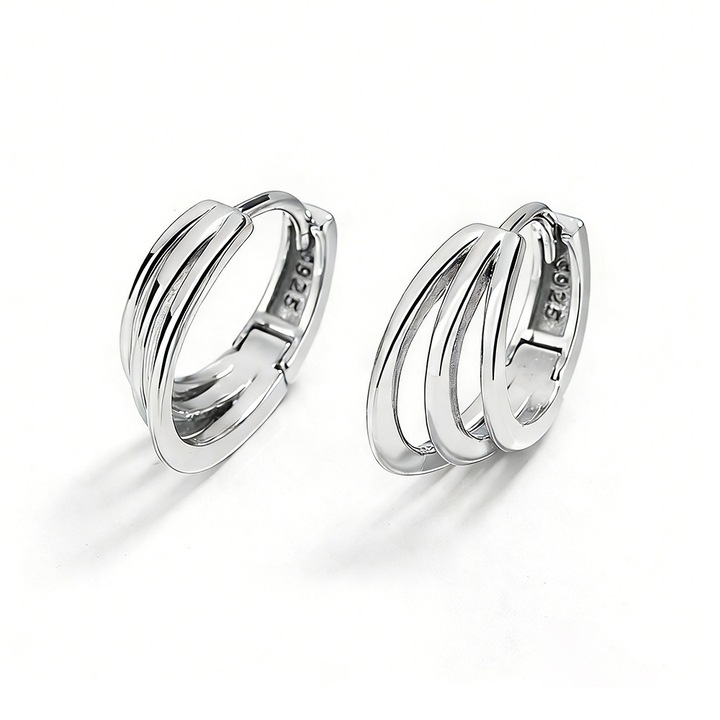 Cercei din Argint 925, Click Cerc cu 3 Straturi, Hipoalergenici, Eleganti, Potriviti pentru Zilnic, Evenimente si Cadou Femei, 1.4cm, Argintiu