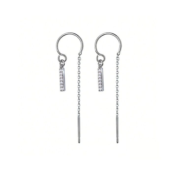 Cercei din Argint 925 Lungi cu Lant, Incrustat cu Zirconii pentru Femei, 4 cm, Argintiu