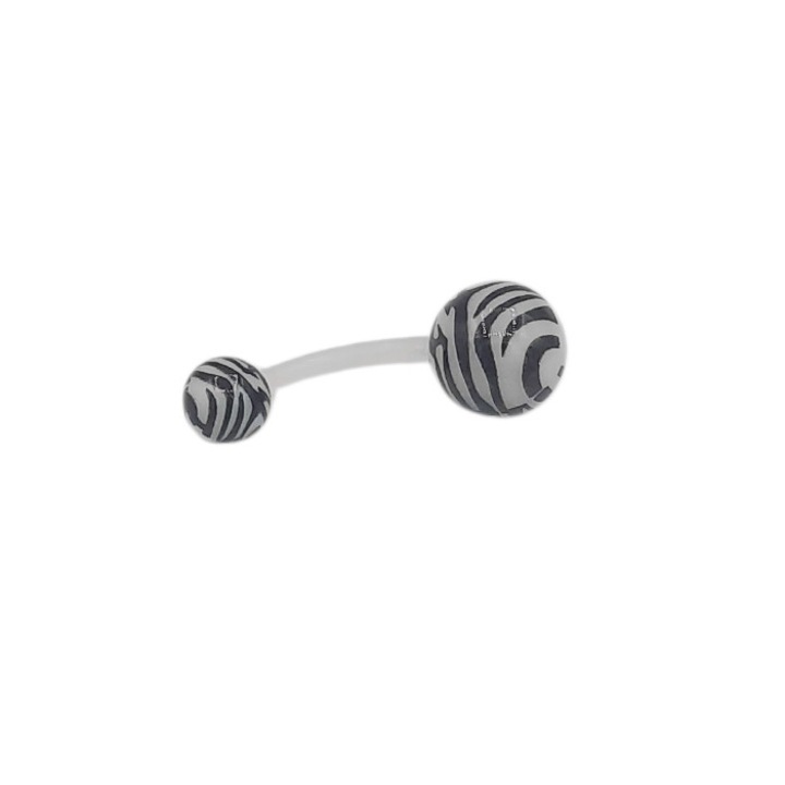 Percing de buric din silicon cu bile de plastic la capete de 8 si 4 mm, alb cu negru tip zebra si lungime 2, 5 cm Augusta