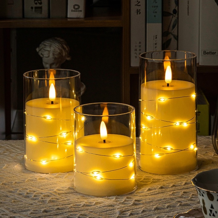 Комплект 3 LED Безпламъчни Свещи, XONGSOR, Акрил, 7.5x10cm/12.5cm/15cm, Бял