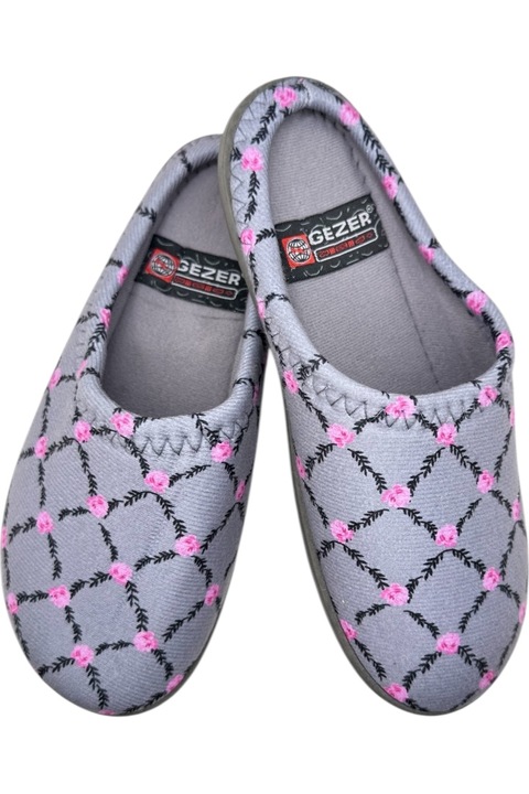 Papuci de casa pentru dama, gri cu model trandafiri, comozi si caldurosi, talpa moale, Gri, 37