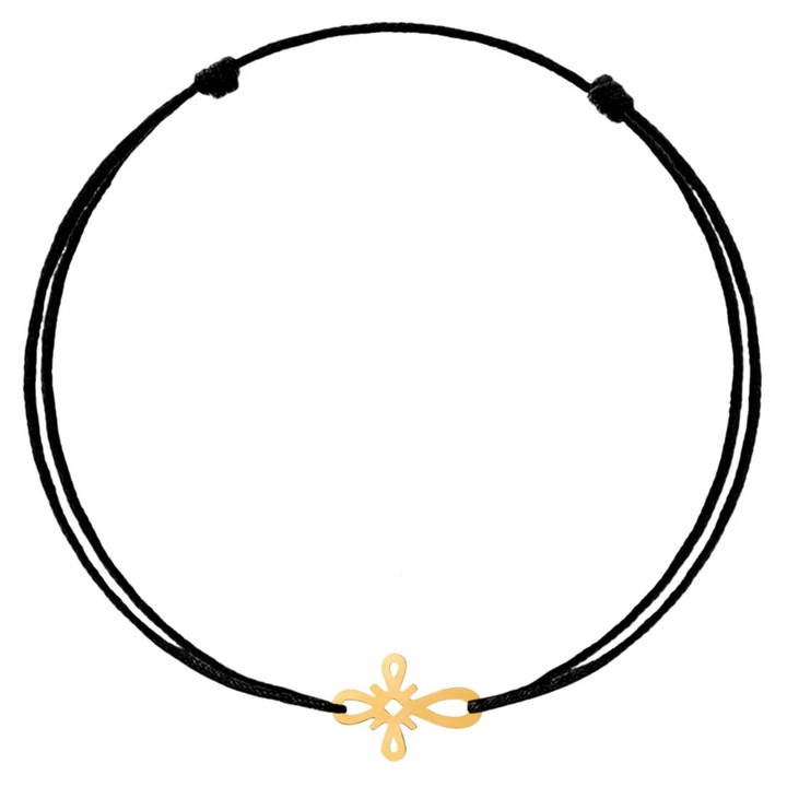 Bratara Aur 14k cu charm cruciulita, reglabila si snur de matase negru, de adult unisex Wild Bracelets