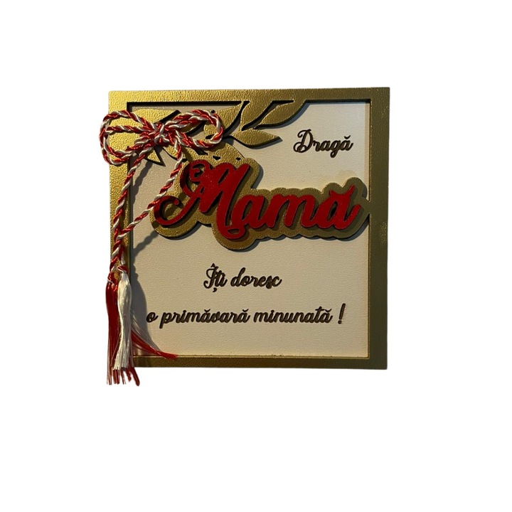 Placuta decorativa cu magnet „Draga Mama” din MDF, Auriu/Rosu, 10x10 cm, cadou 1 Martie