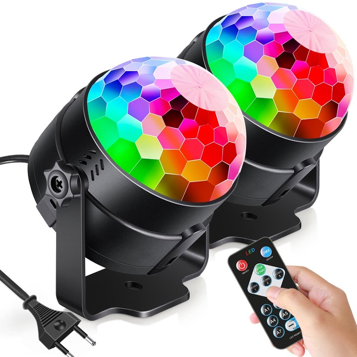 Диско топка LED TERYJN, комплект от 2 броя, RGB светлинни ефекти, синхронизирани с музиката, дистанционно управление, 10x15м