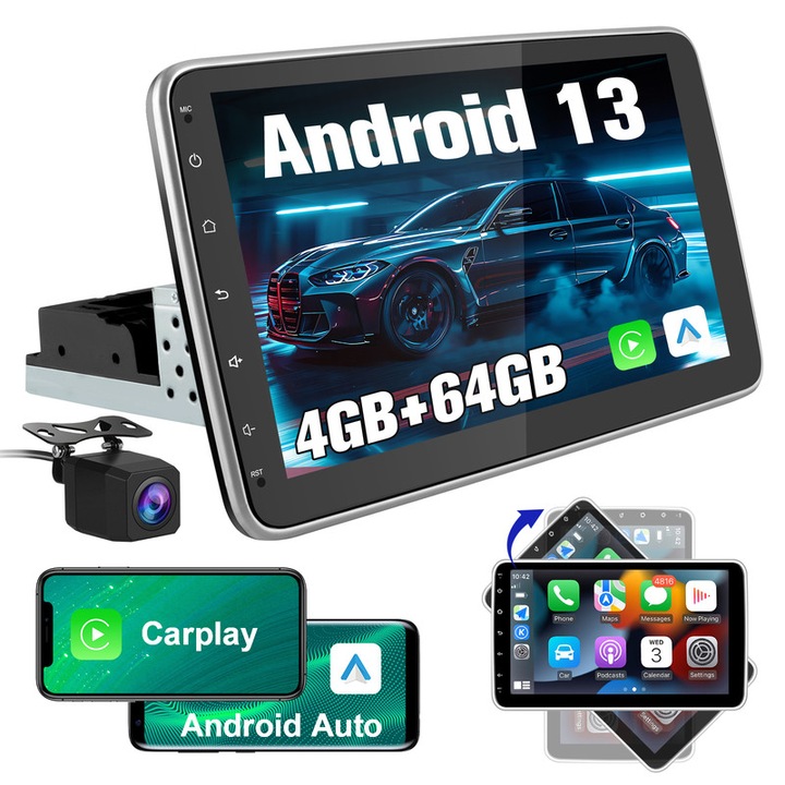 Мултимедийна система за автомобил 1-DIN, Awesafe, Android, 4GB+64GB, 10.1 инчов екран, Bluetooth