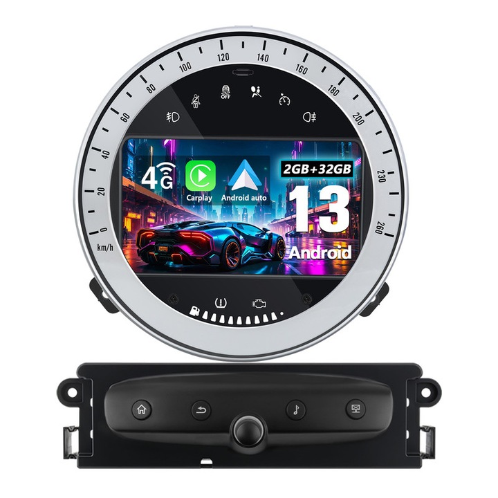 Sistem Multimedia, AWESAFE, radio cu navigatie pentru BMW Mini Cooper 2006-2013, Sistemul Android, 2GB+32GB, Wifi, ecran tactil de 7 inci, Carplay, Android Auto, Suporta cartela SIM 4G, Negru