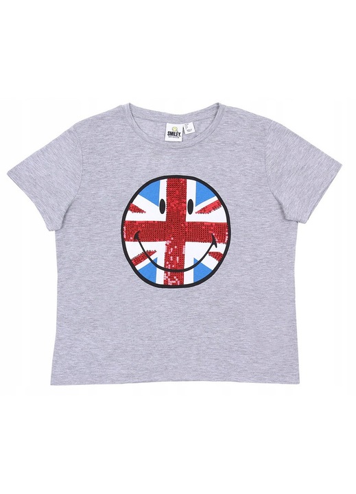 Tricou dama gri, Atmosphere Primark, marimea 38, imprimeu Smiley cu paiete rosii, decolteu rotund