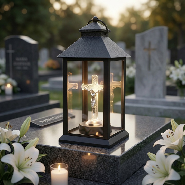 Felinar cu incarcare solara Negru Cruce cu LED 14x14x28cm