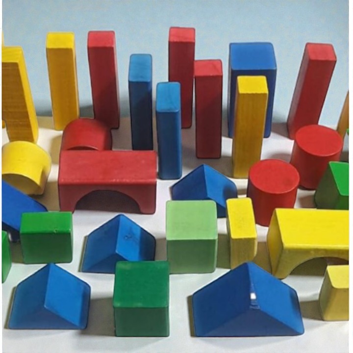 Set 40 cuburi de lemn multicolori, forme diverse, pentru construit, 3-6cm, in rucsac, VisionXXI