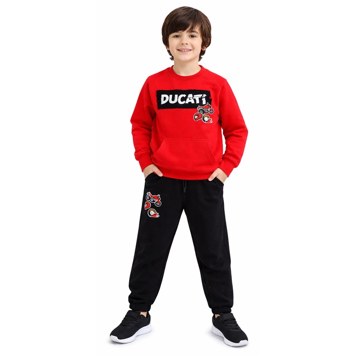 Ducati kétrészes melegítő fiúknak, kapucnis pulóver zsebbel és polár nadrág, piros-fekete
