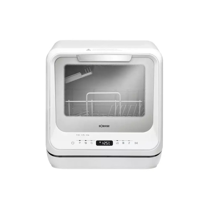 Съдомиялна машина Bomann, мини, 2в1 свързаност мрежа/резервоар, капацитет 5 литра, 6 предварително зададени програми, 2 допълнителни програми, регулируема температура, включени поставки за бутилки/плодове, бял