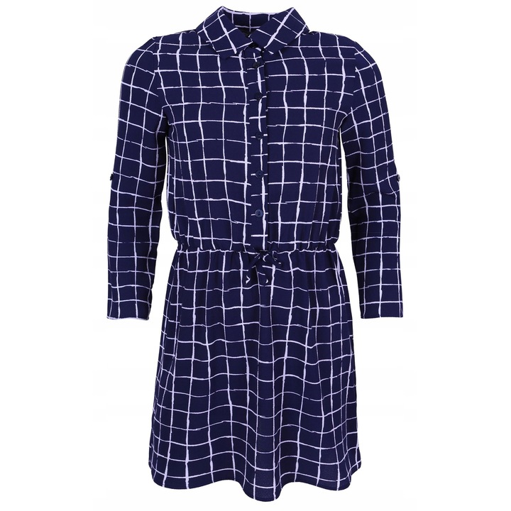 Rochie fetite, bleumarin cu carouri, maneca lunga, talie elastica, set 7-8 ani
