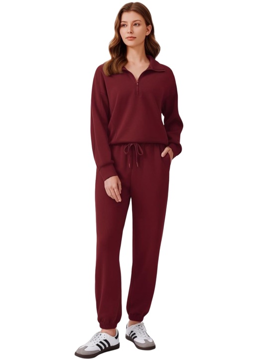Set Trening Dama Bluza cu Fermoar si Pantaloni Sport, Culoare Bordeaux, Material 4-way Stretch, 2XL INTL