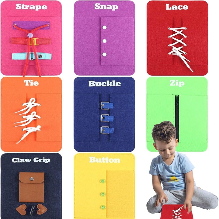 XGETOP® interaktív, oktató, szenzoros játék, Busy Board, Montessori, motoros készségek és figyelem fejlesztése, textil anyagból, Gyermekek öltöztetése, cipzárak, csatok, cipőfűzők, gombok tanulása