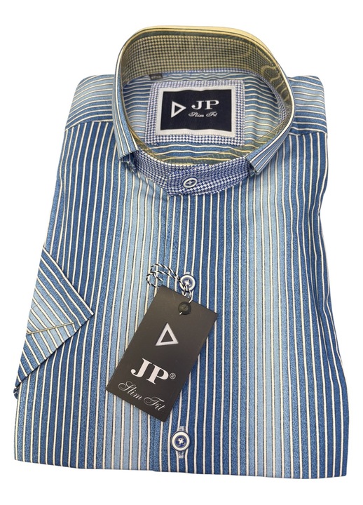 Férfi hosszú ujjú ing, fakó kék fehér csíkokkal, slim fit, pamut-poliészter, XL méret