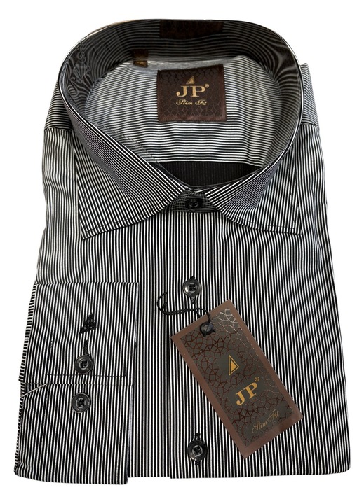 Férfi hosszú ujjú ing, fehér vékony fekete csíkokkal, pamut-poliészter, Fekete csíkok